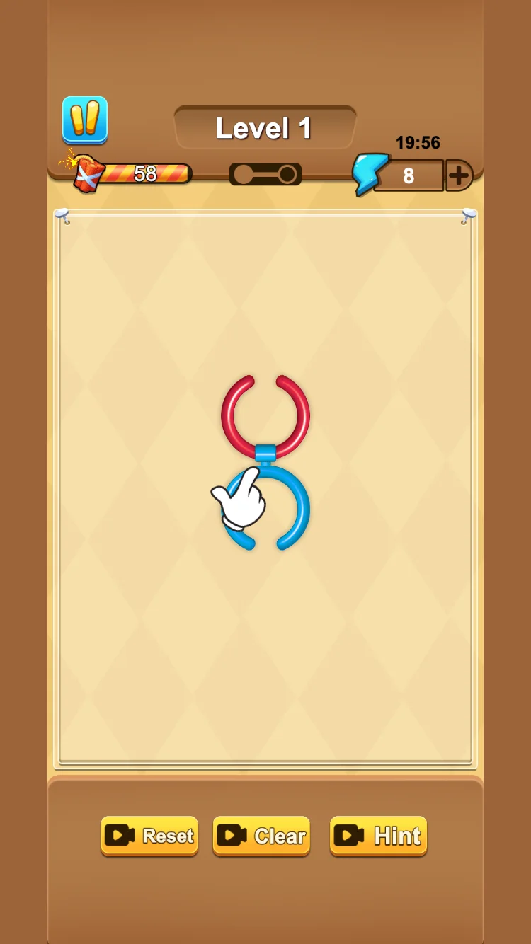 Level 1 tutorial with red and blue open rings and a hand pointing to their connection