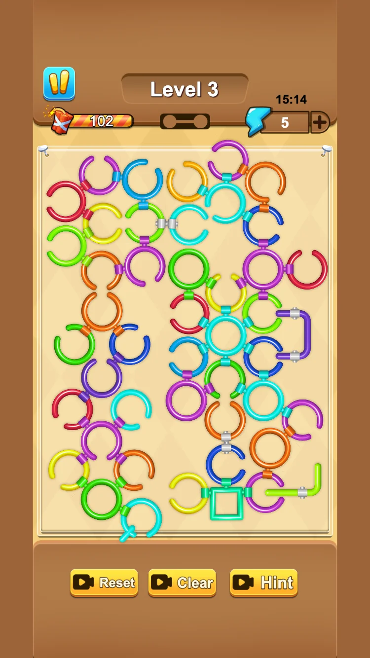 A crowded Level 3 board of open rings with a green square and purple U-shaped rod