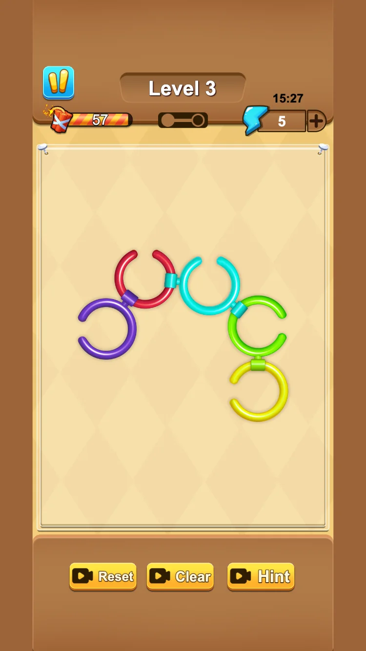 Five colored open rings linked in an arch on the Level 3 board