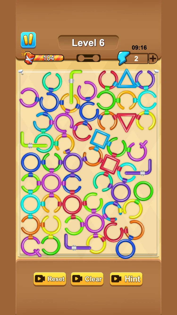 Level 6 board packed with colorful rings, triangles, square frames, and sliding rods