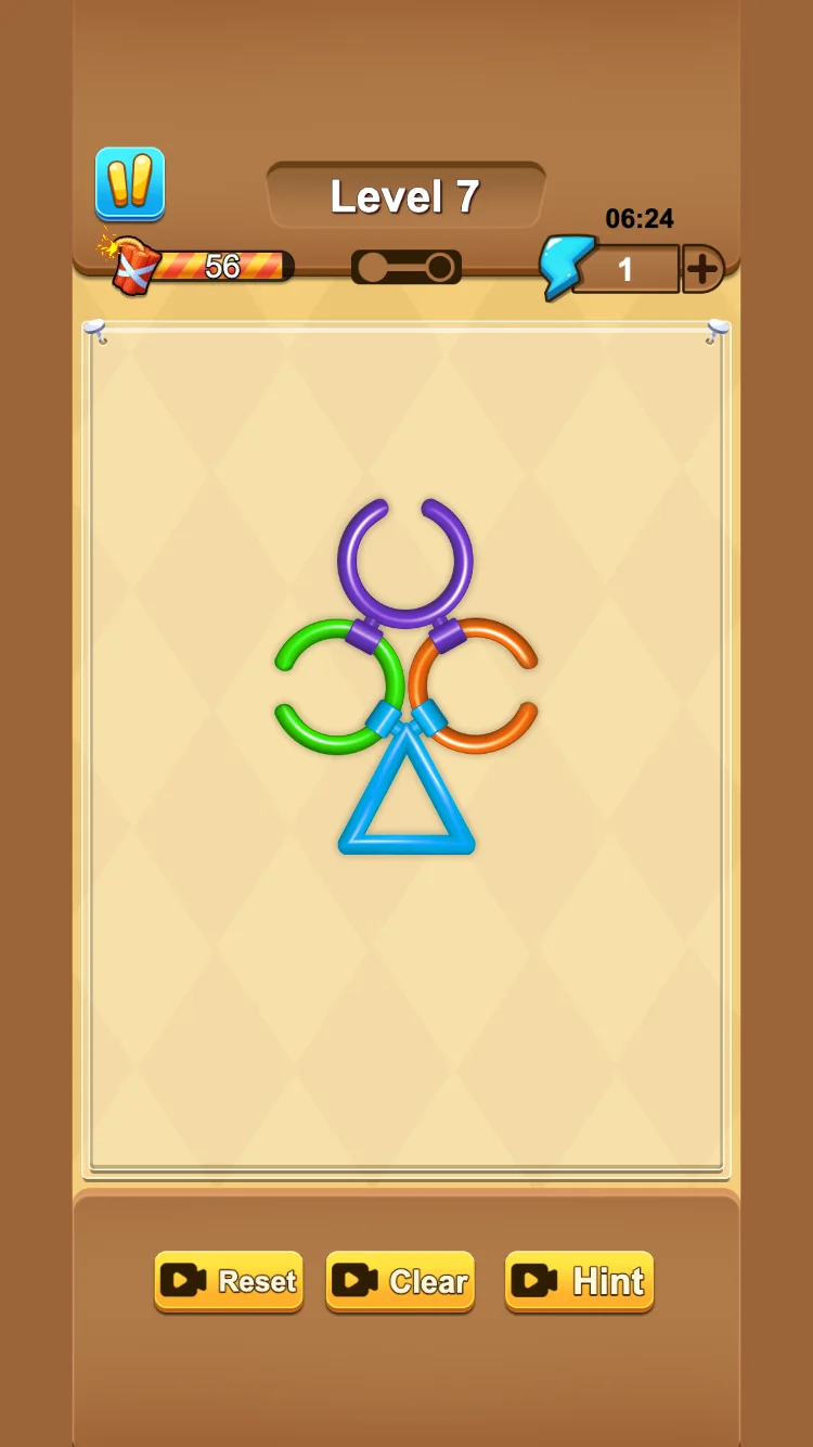 Level 7 with purple, green, and orange rings joined to a light blue triangle