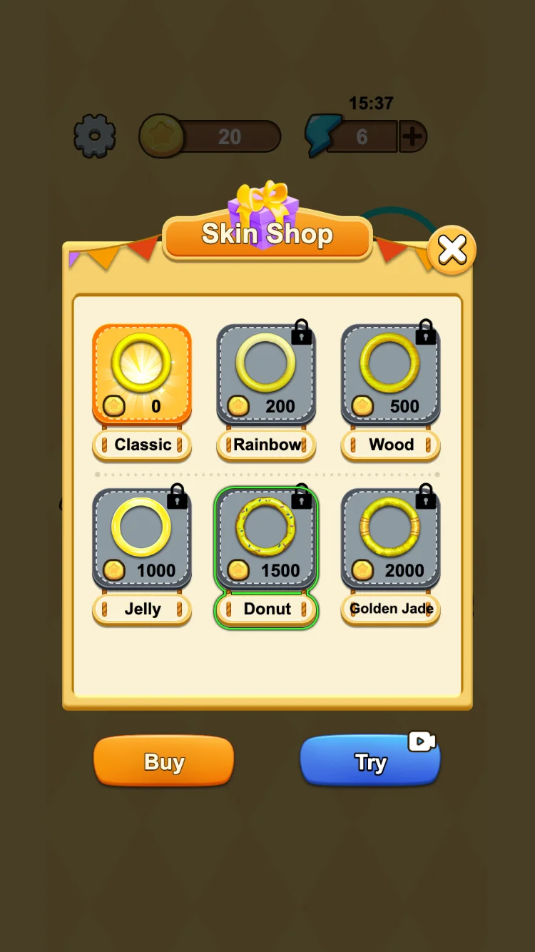 Ring skin shop showing Classic, Rainbow, Wood, Jelly, Donut, and Golden Jade styles