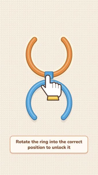Spin the Rings tutorial with linked blue and orange open rings and a hand marking their connecting clip